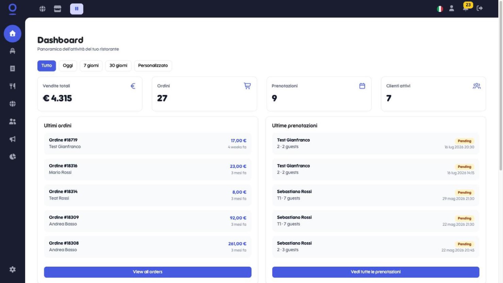 Dashboard di GourFood con la sidebar sinistra e l'icona delle posate evidenziata