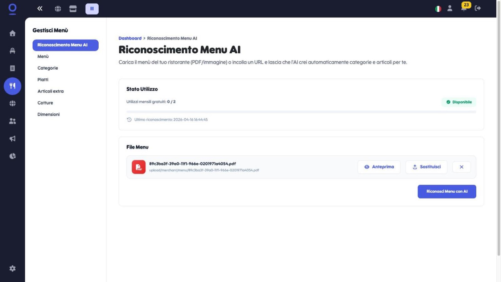 Pagina Riconoscimento Menu AI con il file del menù caricato e il pulsante Riconosci Menu con AI