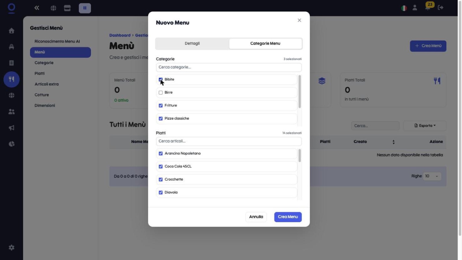 Scheda Categorie Menu con tre categorie selezionate e quattordici piatti spuntati automaticamente