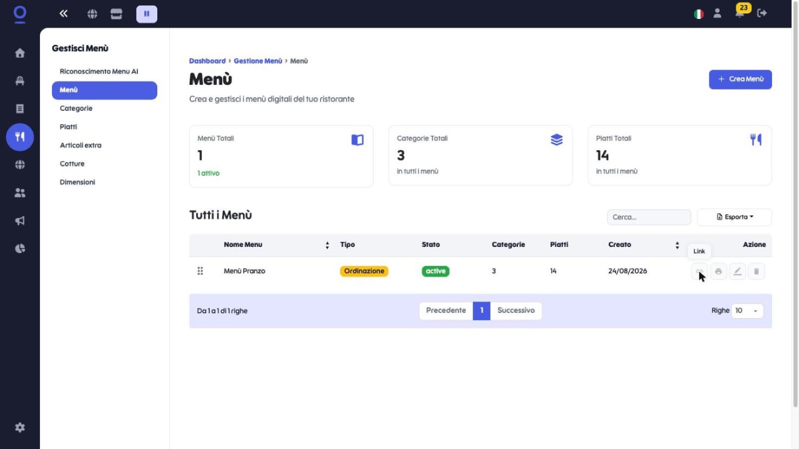 Colonna Azione con le icone Link, Stampa, Modifica ed Elimina