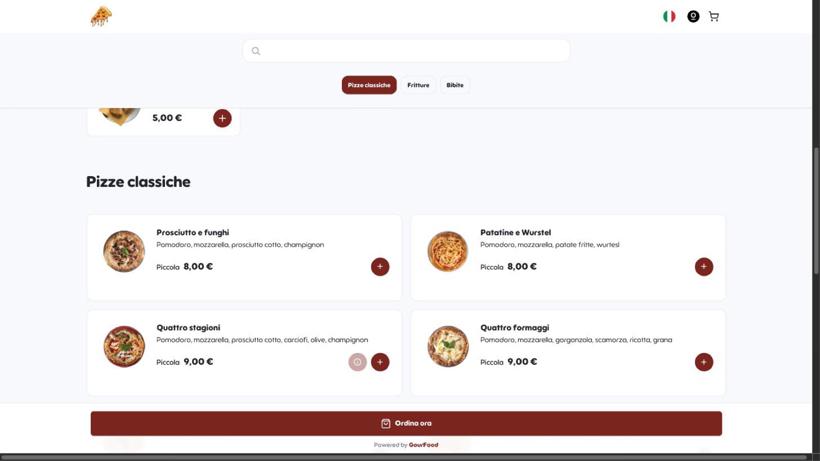 Menù online sul sito del ristorante con i filtri delle categorie e le schede dei piatti