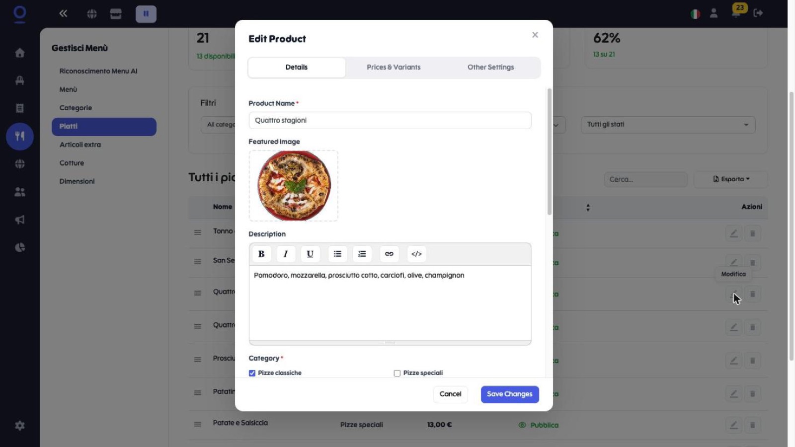 Finestra Edit Product sulla scheda Details con nome, immagine e descrizione del piatto