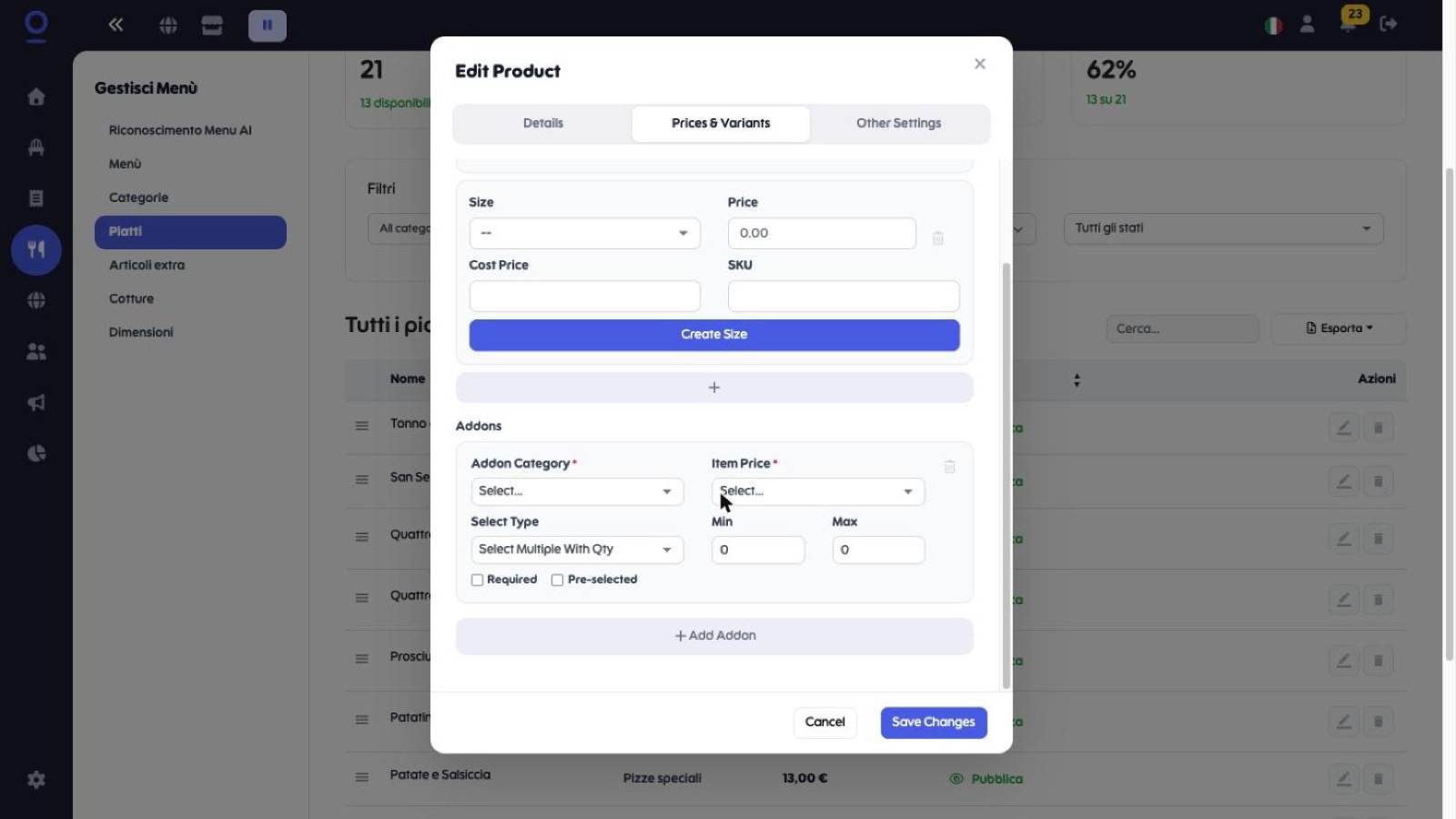Blocco Addons con Addon Category, Item Price, Select Type, Min, Max e i flag Required e Pre-selected