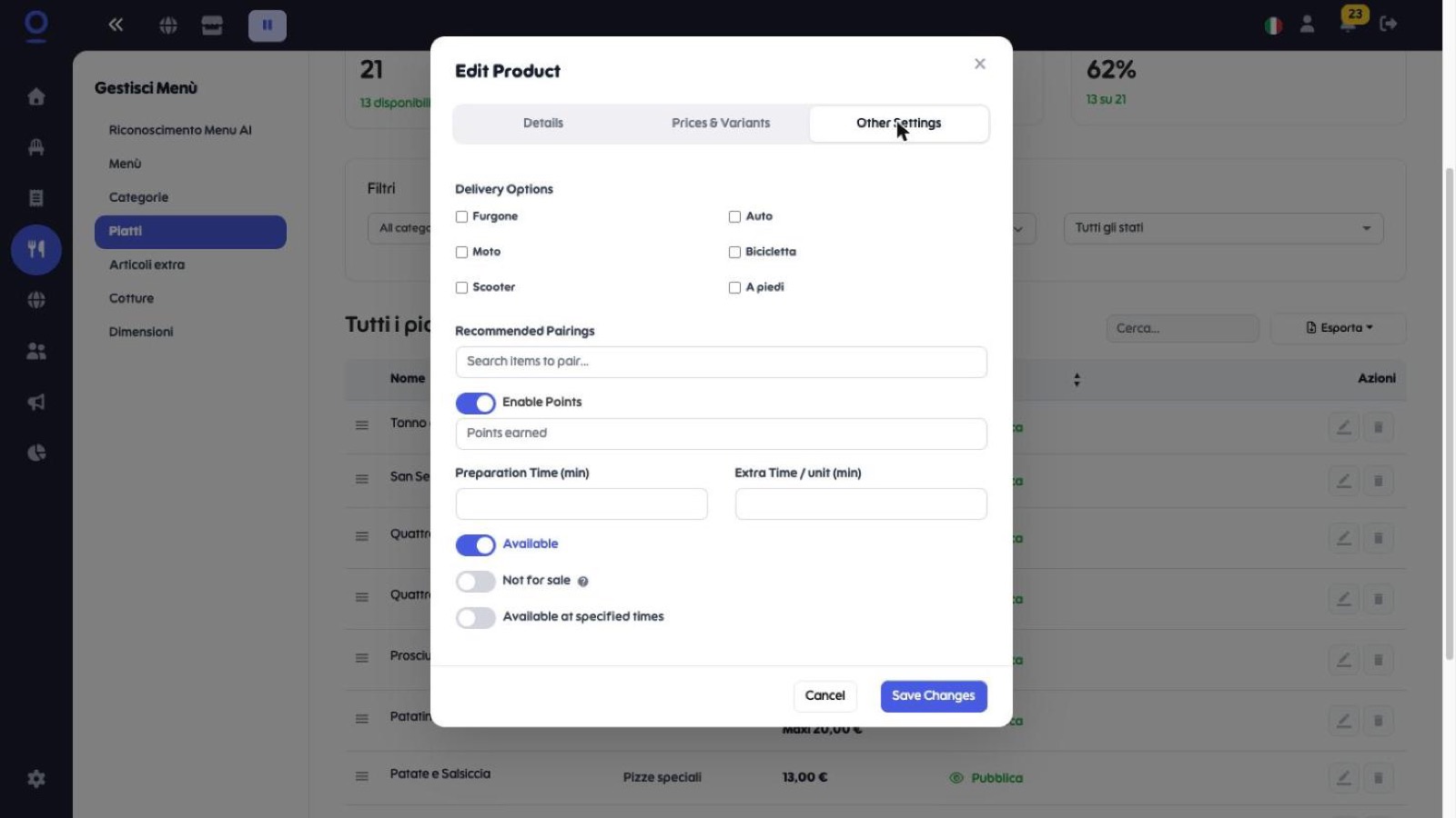 Scheda Other Settings con opzioni di consegna, abbinamenti, punti fedeltà, tempi e disponibilità