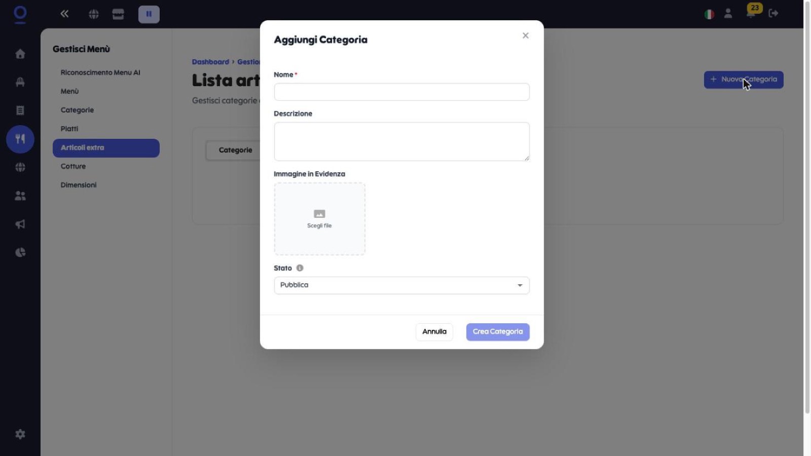 Finestra Aggiungi Categoria per gli articoli extra con nome, descrizione, immagine e stato