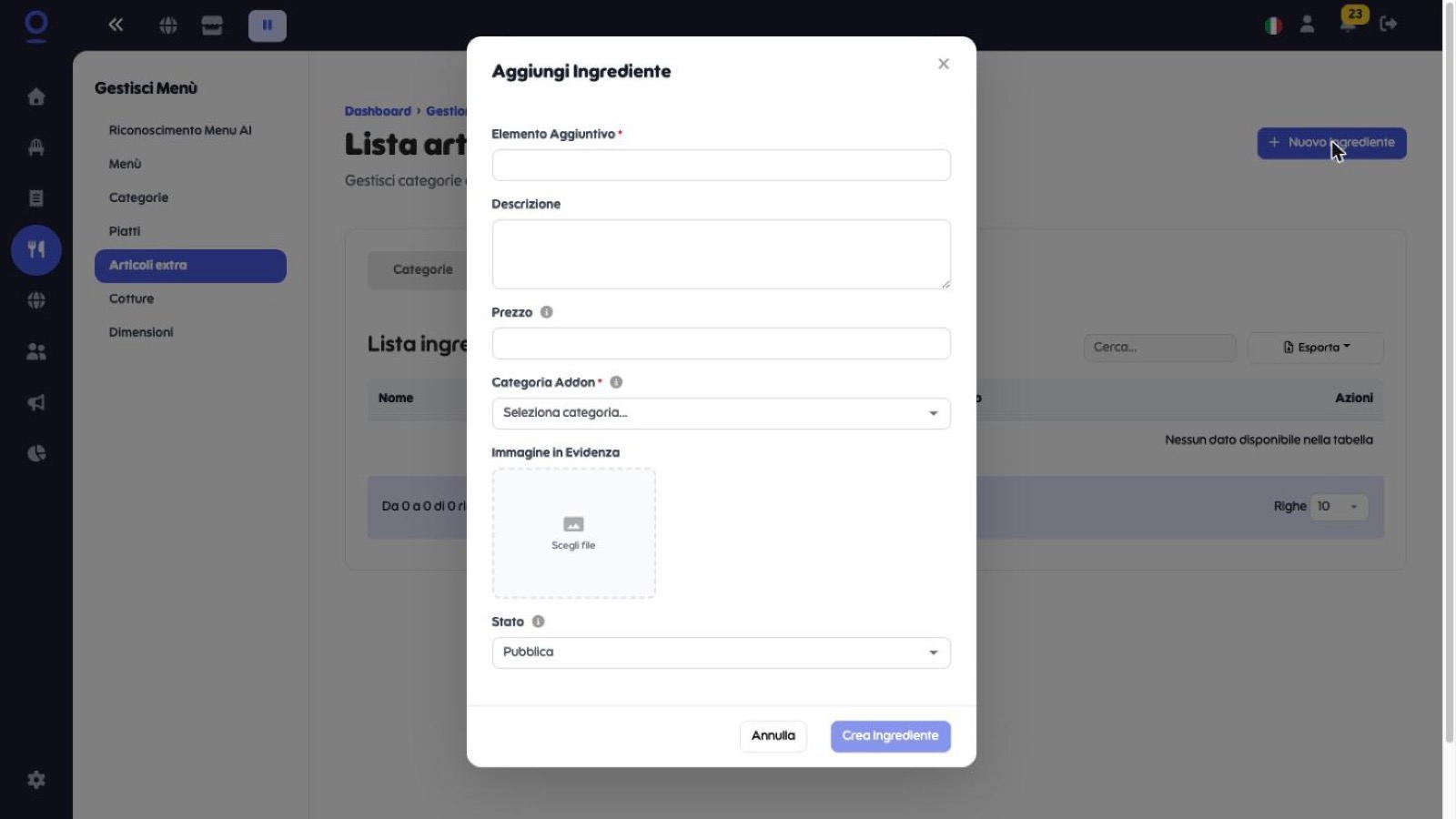 Finestra Aggiungi Ingrediente con nome, descrizione, prezzo e categoria addon
