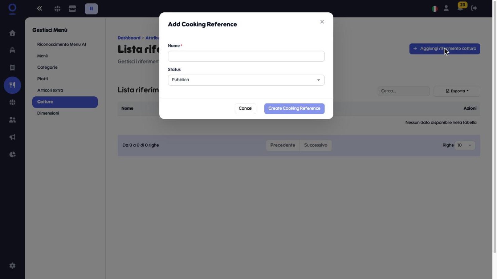 Finestra Add Cooking Reference con i campi Name e Status