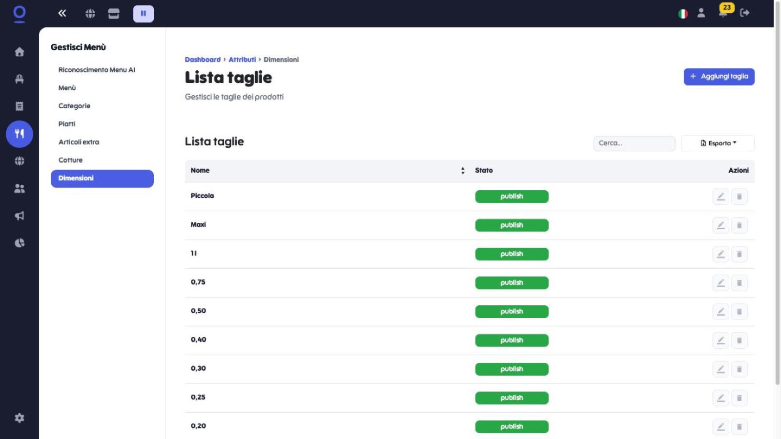 Lista taglie con le dimensioni Piccola, Maxi e i formati in litri, tutte in stato publish