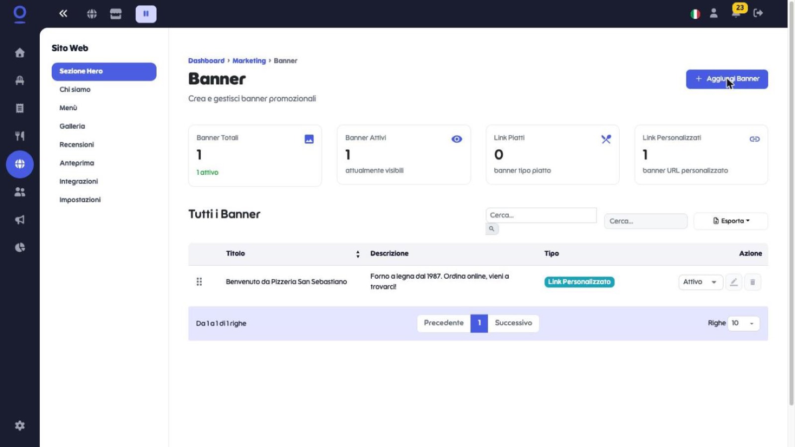 Sezione Sito Web con il pannello Banner e il pulsante Aggiungi Banner