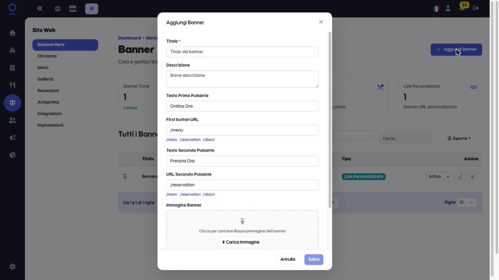 Finestra Aggiungi Banner con titolo, descrizione, pulsanti di azione e immagine