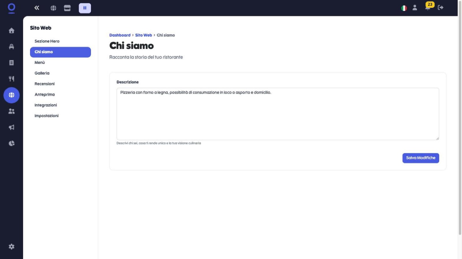 Sottosezione Chi siamo con il campo Descrizione compilato