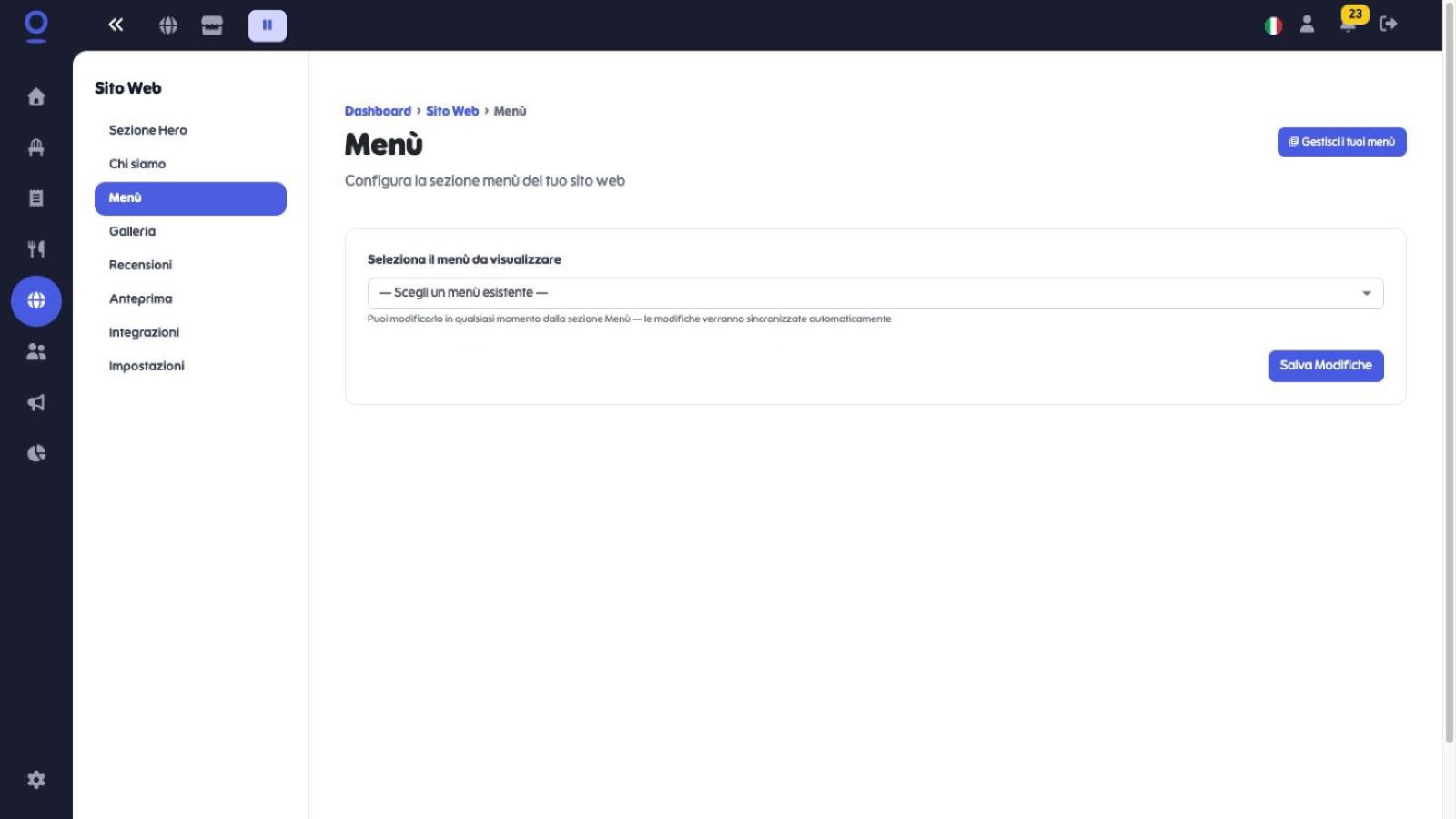 Sottosezione Menù del sito con il selettore del menù da visualizzare