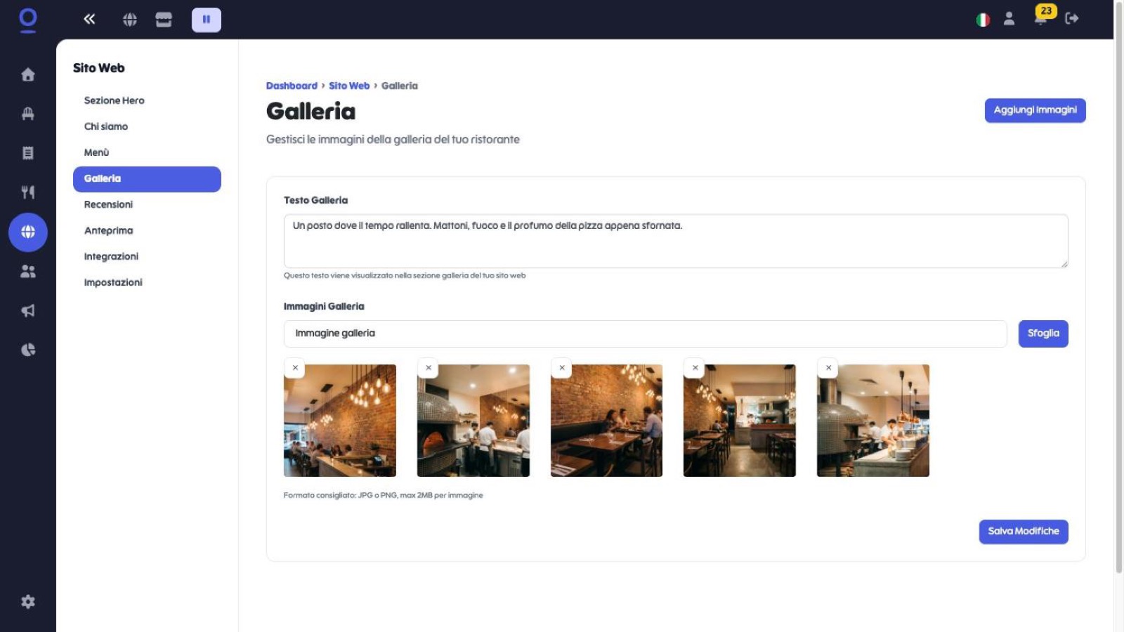 Sottosezione Galleria con il testo introduttivo e cinque immagini caricate
