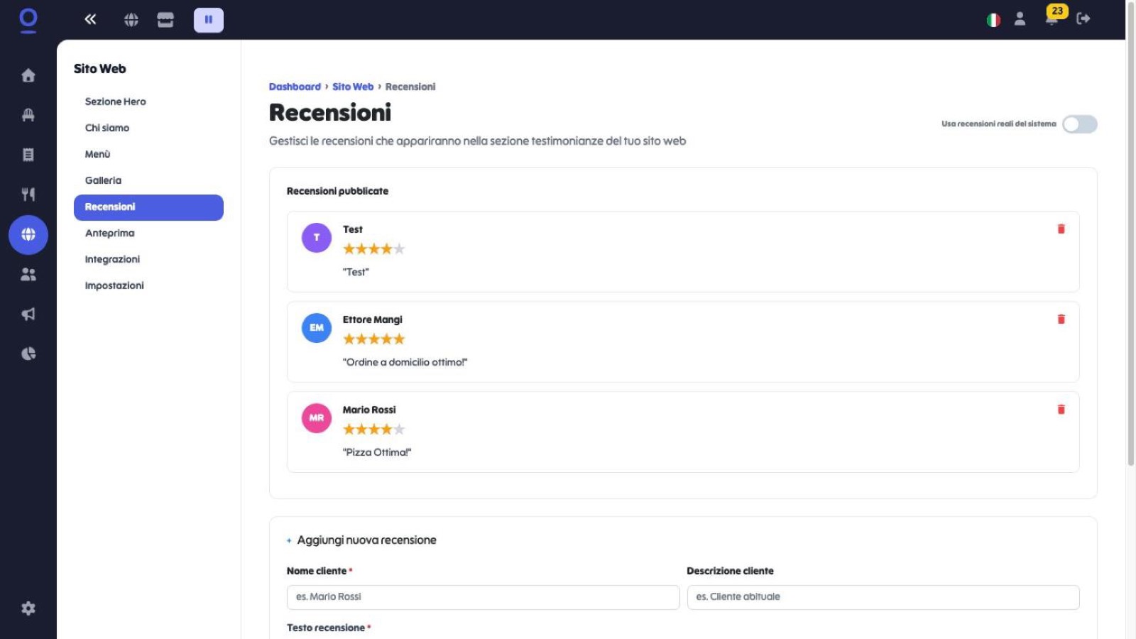 Sottosezione Recensioni con le testimonianze pubblicate e il toggle per le recensioni reali