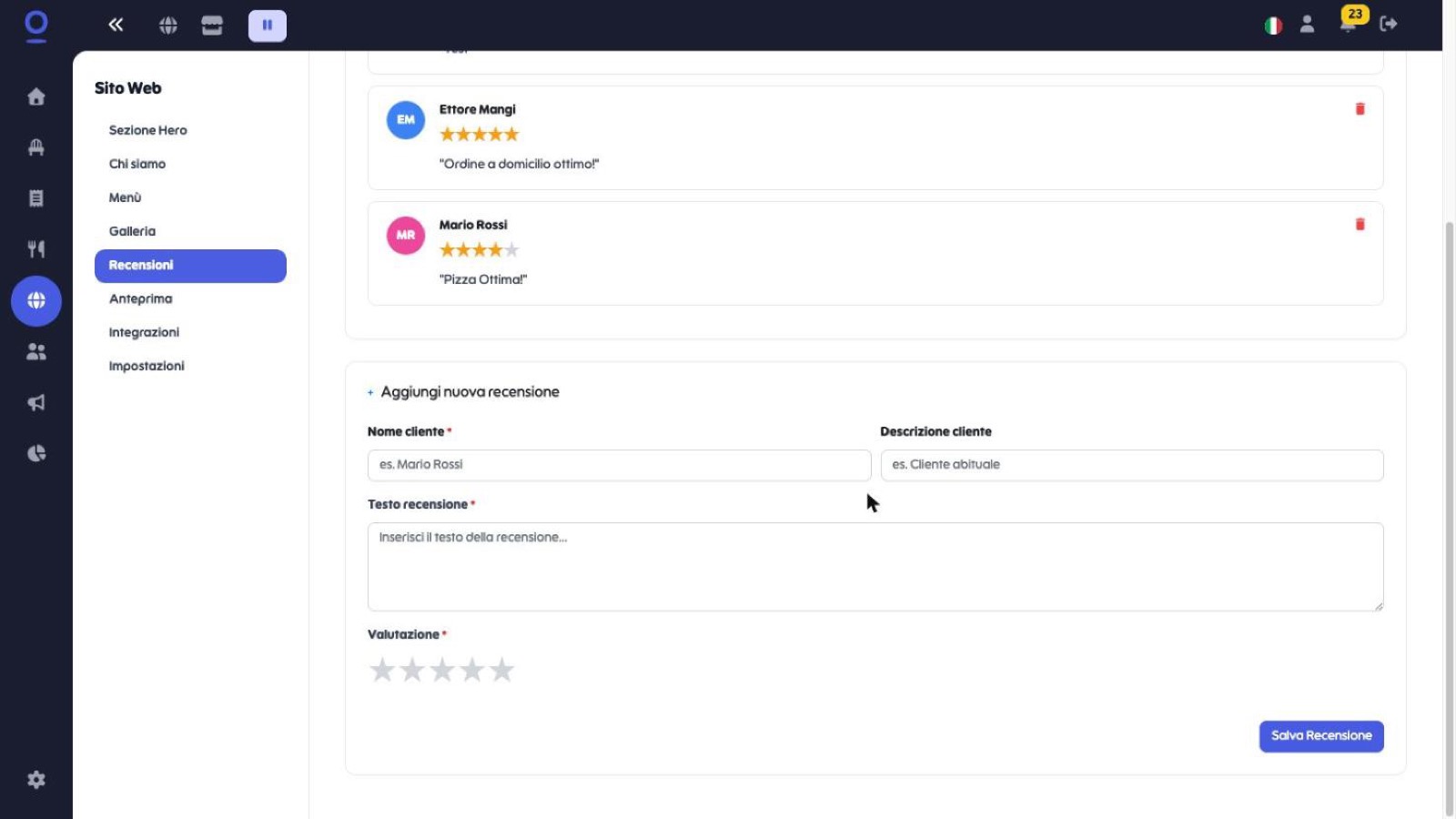 Form di inserimento recensione con nome cliente, testo e valutazione a stelle