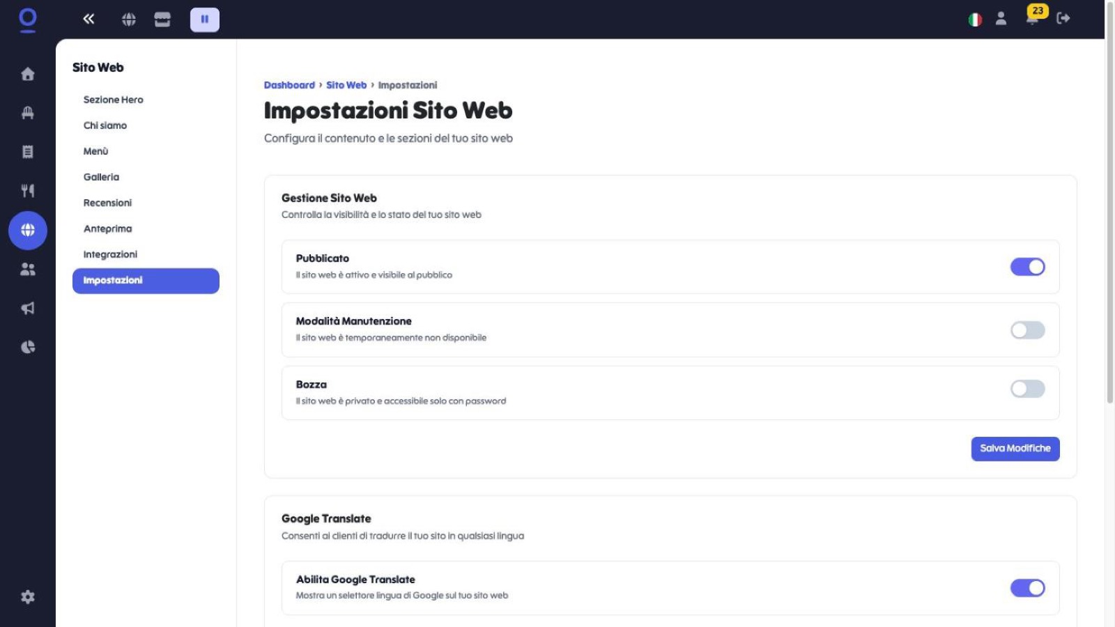 Blocco Gestione Sito Web con i tre toggle Pubblicato, Manutenzione e Bozza