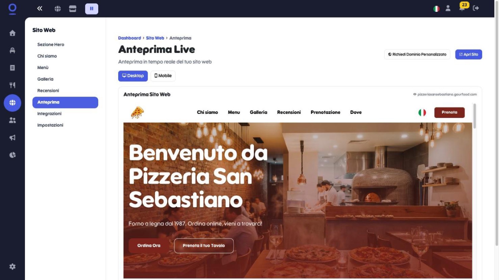 Anteprima Live del sito web con i selettori Desktop e Mobile