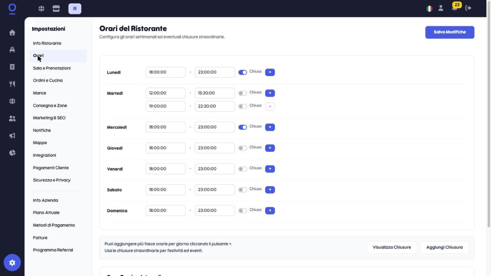 Pagina Orari del Ristorante con i sette giorni, i toggle Chiuso e i pulsanti +