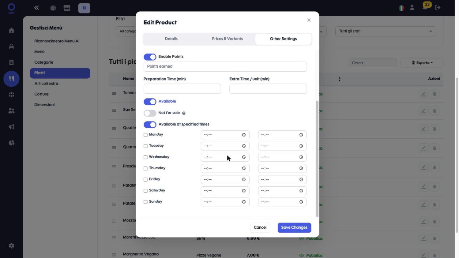 Scheda Other Settings con Available at specified times attivo e l'elenco dei giorni