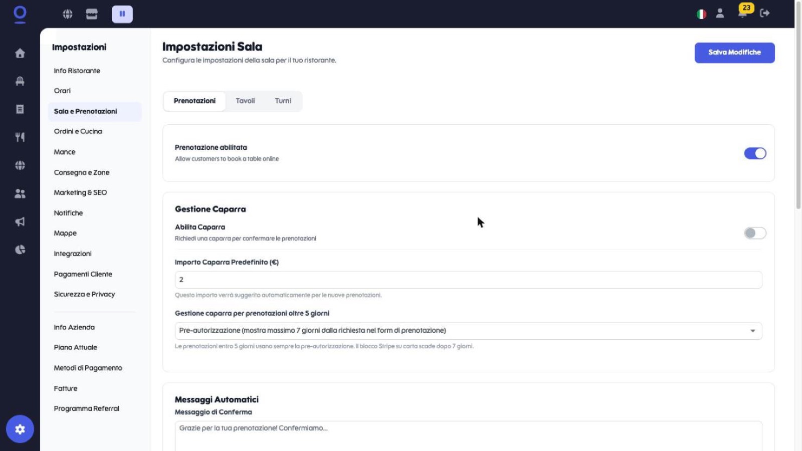Scheda Prenotazioni con il toggle Prenotazione abilitata attivo