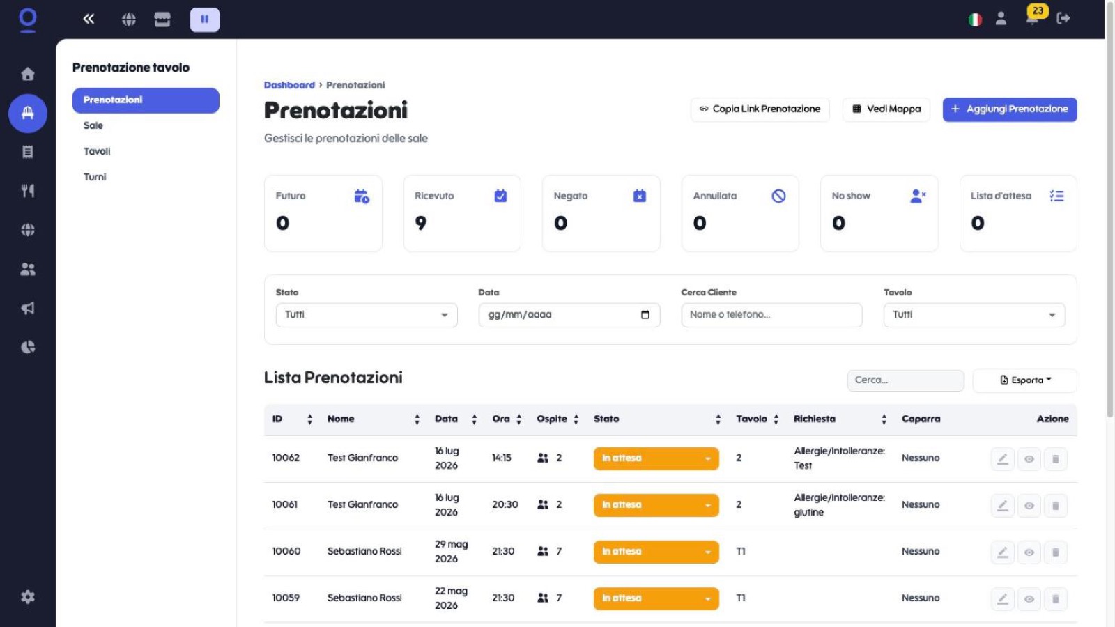 Lista Prenotazioni con contatori di stato, filtri e tabella delle richieste