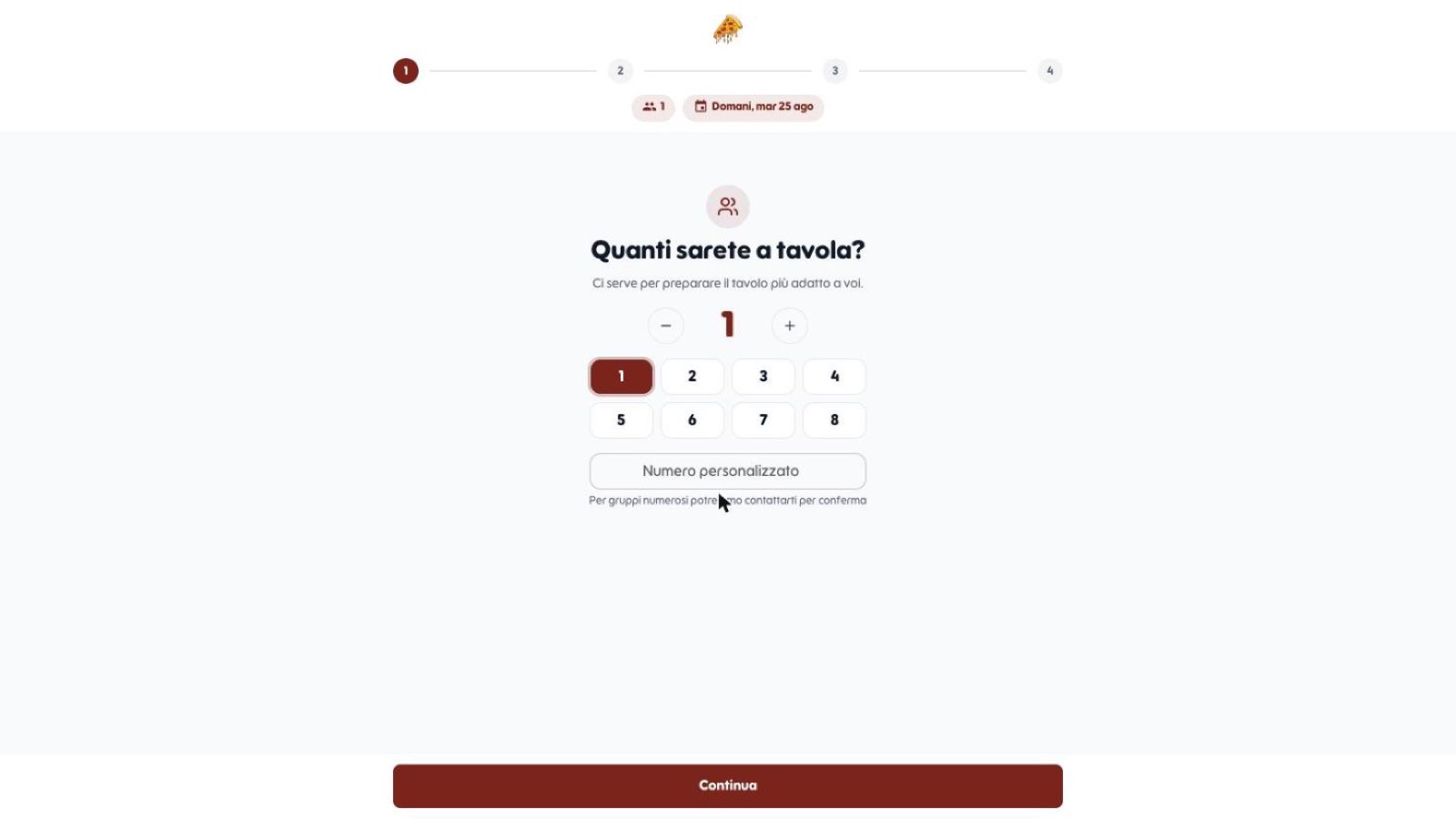 Form di prenotazione pubblico con la scelta del numero di coperti